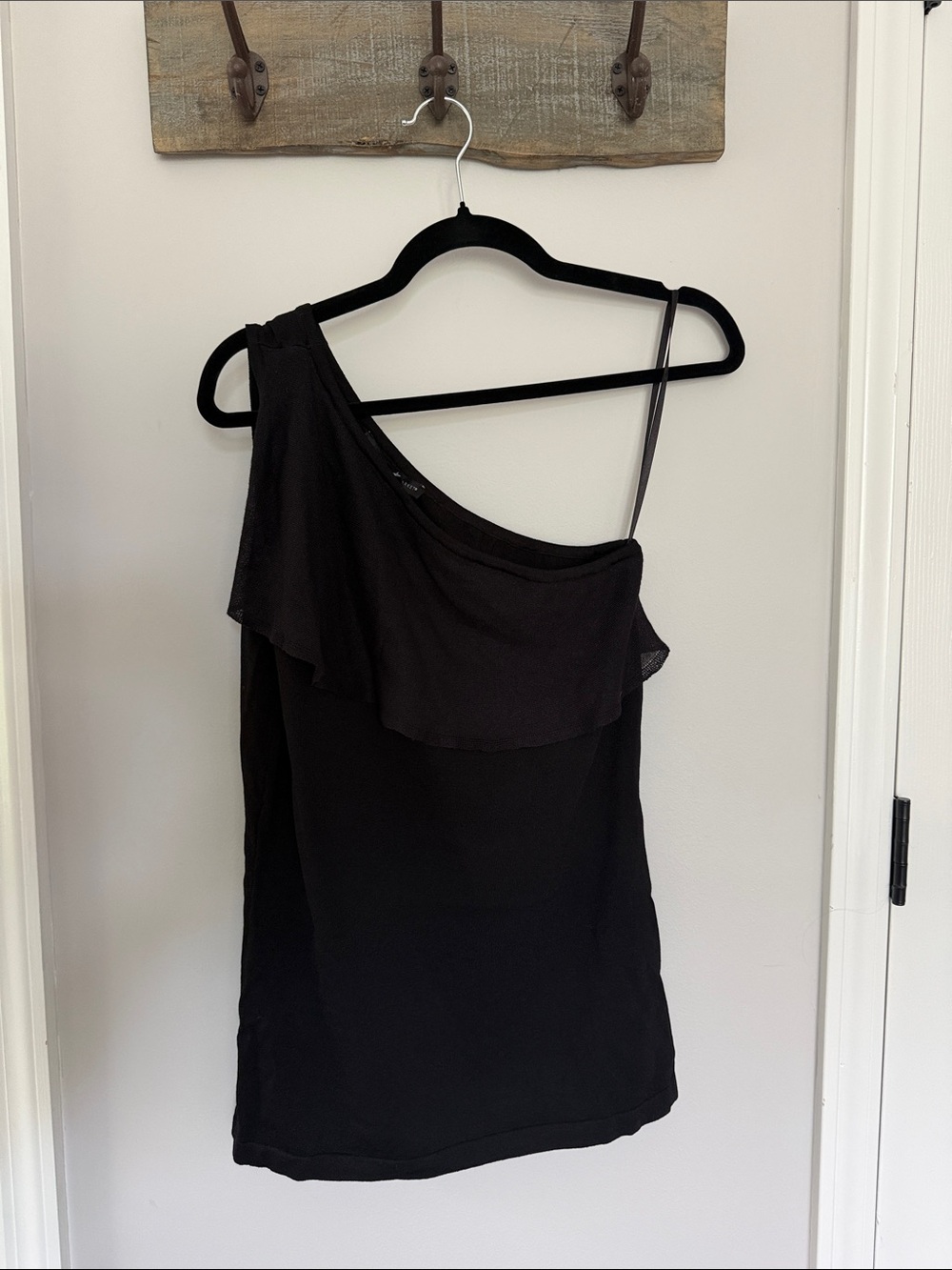 White House Black Market Black One-Shoulder Ruffle Shirt Size Small